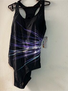 Black One-Piece Swimsuit with Purple & Teal Streaks